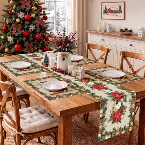 Christmas Poinsettia Placemat Set of 4 - 12x18 Inch Holiday Table Decor