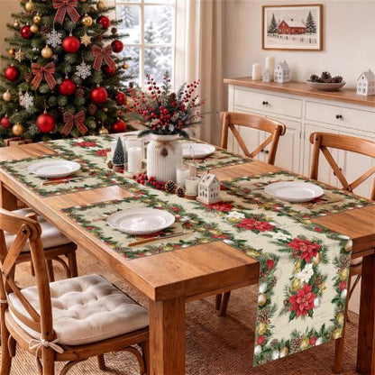 Christmas Poinsettia Placemat Set of 4 - 12x18 Inch Holiday Table Decor