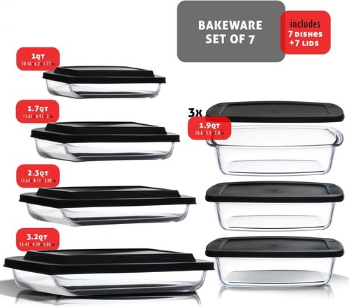 EATEX Glass Food Storage Containers Set - 7-Pack Baking Dishes with Lids | Oven, Microwave & Freezer Safe