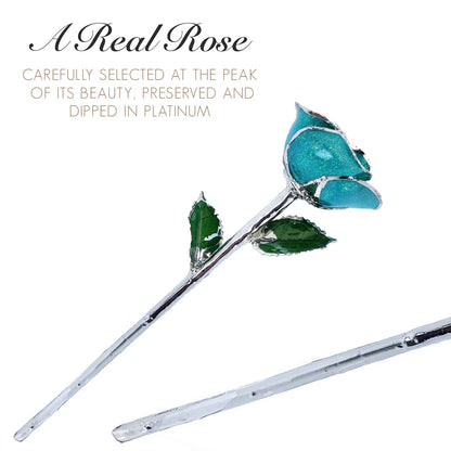 Forever Rose Platinum Serenity Sparkle Rose Platinum Trimmed Rose with Beautiful Teal Color, an Eternal Gift; Hand Dipped & Trimmed in Platinum w/Certificate of Authenticity