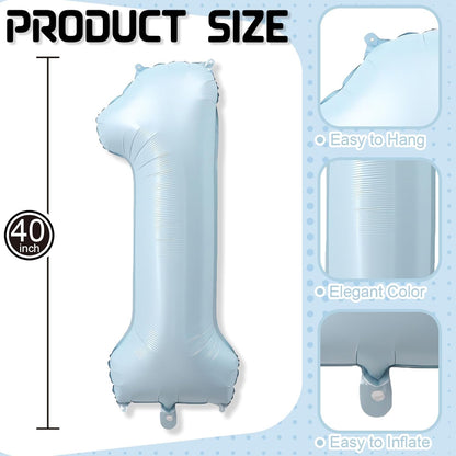 Big Number 1 Balloon - Light Matte Sky Blue Foil 40 Inch - Giant 1st Birthday Decor for Boys & Girls