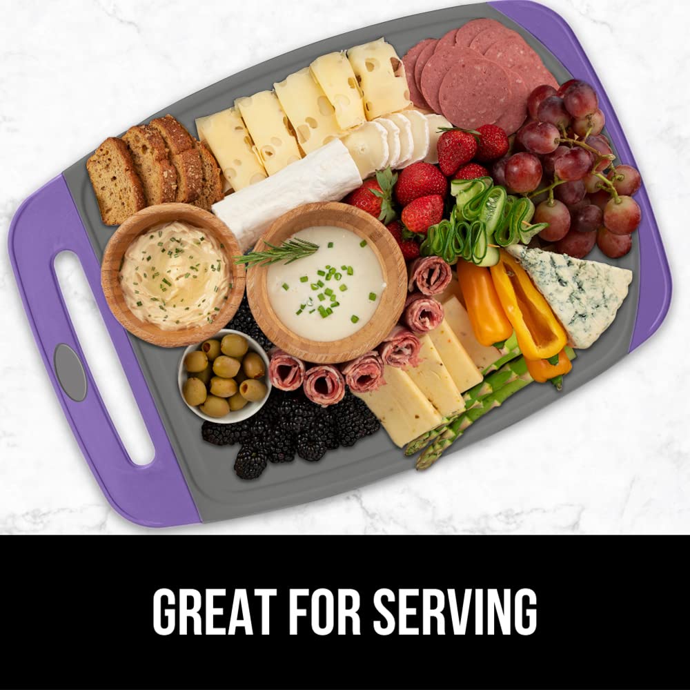 The Original Gorilla Grip Oversized 100% BPA Free Reversible Durable Kitchen Cutting Board Set of 3, Juice Grooves, Dishwasher Safe, Easy Grip Handle Border, Food Chopping Boards, Cooking, Purple Gray