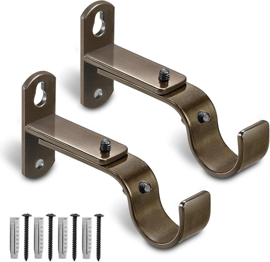 Skiennix Adjustable Curtain Rod Brackets - Metal Drapery Hanger Holders for 1 Inch Rods | Brown, Set of 2