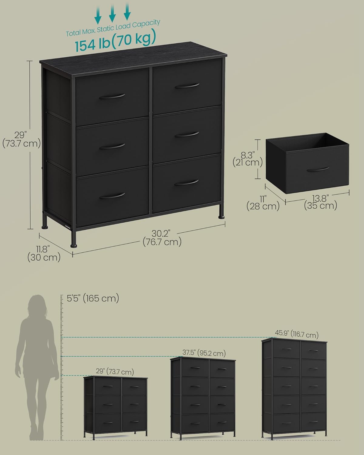 SONGMICS Dresser - Stylish Chest of Drawers with 6 Non-Woven Fabric Bins | Ink Black & Ebony Black