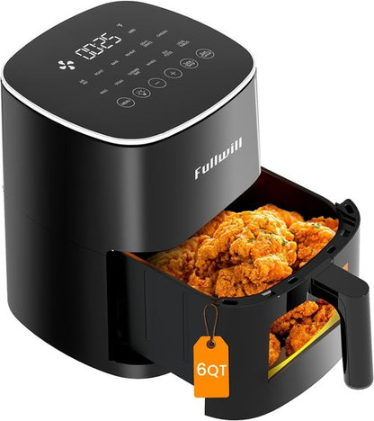 Fullwill 6QT Air Fryer - 12-in-1 Multi-Function Cooking with Visible Window & Nonstick Basket | 1700W, Black