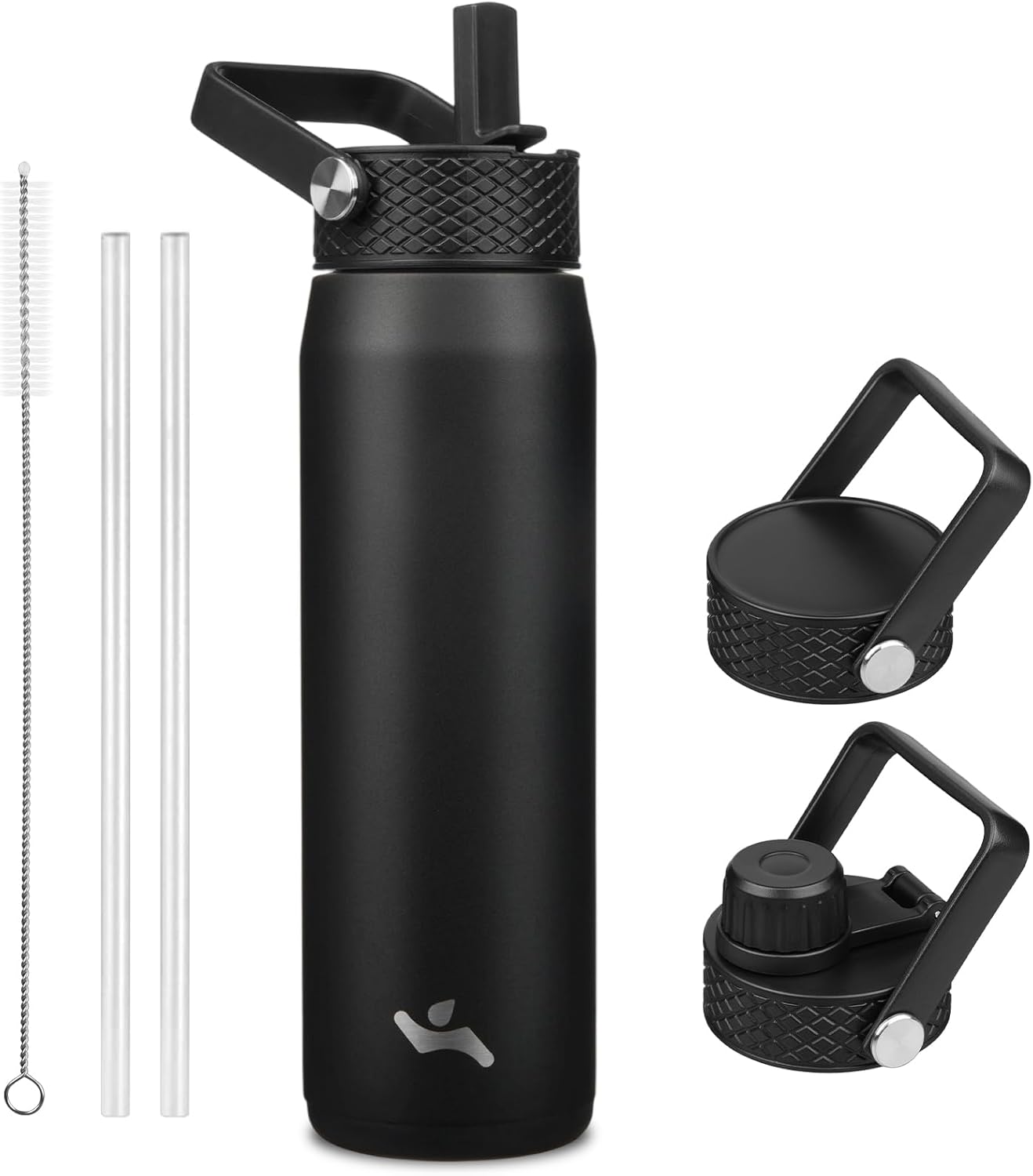 Skiennix 25oz Insulated Stainless Steel Water Bottle - Leakproof BPA-Free with 3 Lids | Black