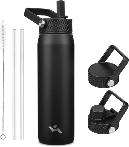 Skiennix 25oz Insulated Stainless Steel Water Bottle - Leakproof BPA-Free with 3 Lids | Black