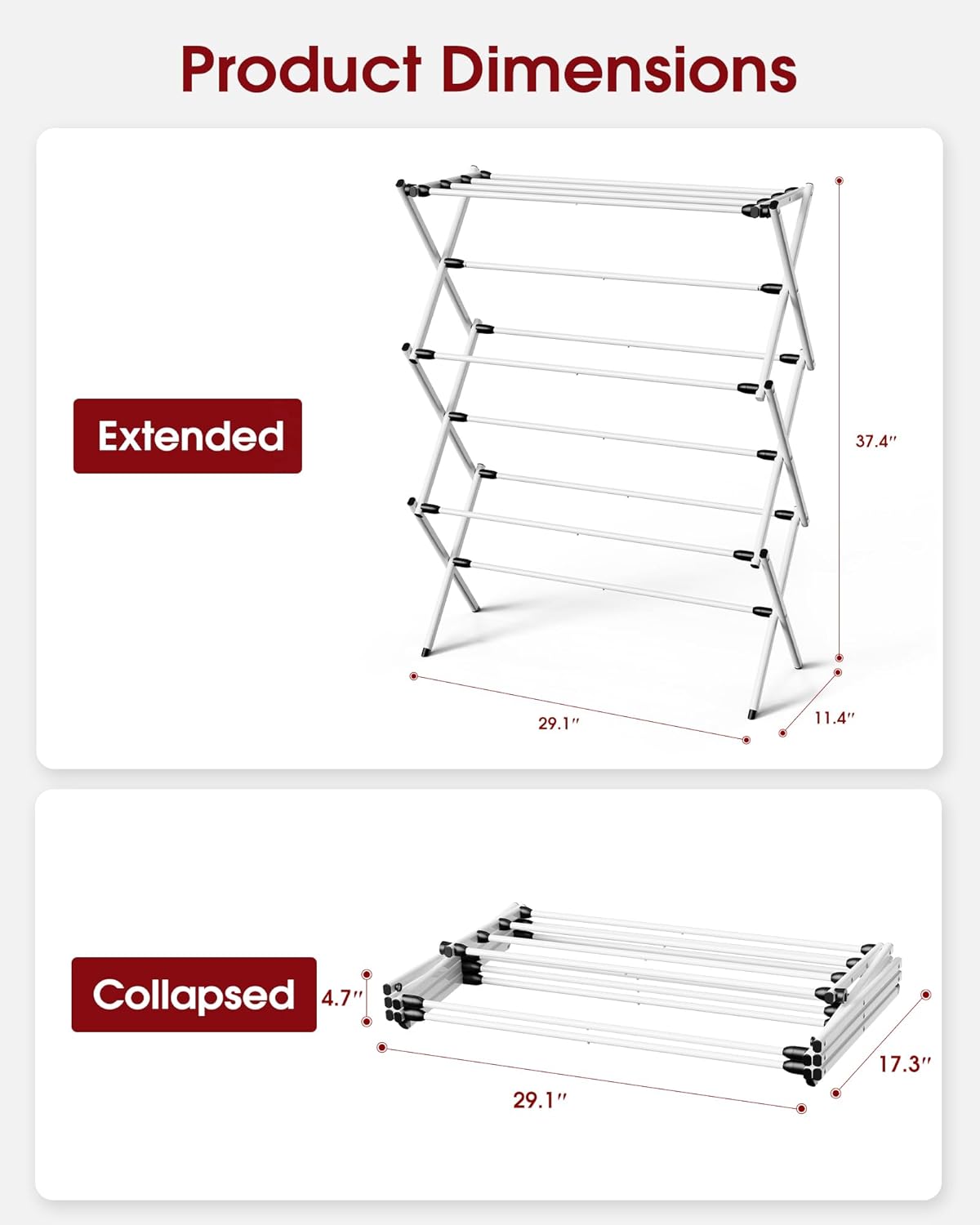 Sakugi Foldable Clothes Drying Rack - Space-Saving 3-Tier Metal Laundry Rack for Indoor & Outdoor Use | 11.4"D x 29.1"W x 37.4"H, White and Black