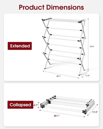 Sakugi Foldable Clothes Drying Rack - Space-Saving 3-Tier Metal Laundry Rack for Indoor & Outdoor Use | 11.4"D x 29.1"W x 37.4"H, White and Black