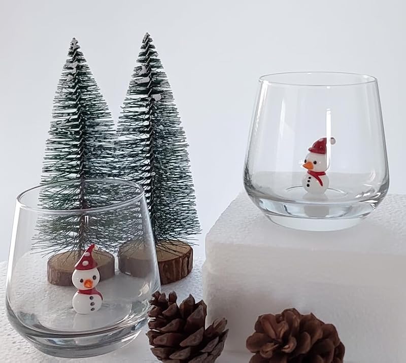 Snowman Glass Cup Set of 2 - 12oz Hand Blown Stemless Christmas Drinkware