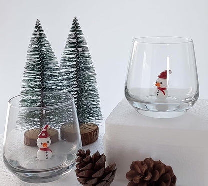 Snowman Glass Cup Set of 2 - 12oz Hand Blown Stemless Christmas Drinkware