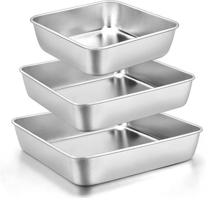 E-far Stainless Steel Square Cake Pan Set - Non-Toxic & Easy Clean Bakeware | Set of 3 (6/8/9-Inch)