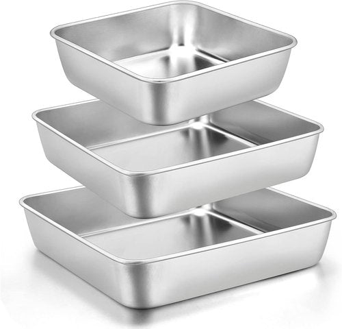 E-far Stainless Steel Square Cake Pan Set - Non-Toxic & Easy Clean Bakeware | Set of 3 (6/8/9-Inch)