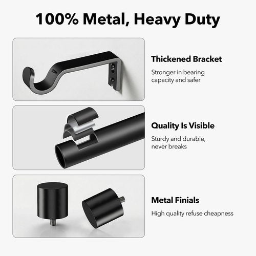 IFELS Heavy Duty Curtain Rods for Windows 66 to 120 Inch, 1 Inch Black Curtain Rods for Outdoor, Farmhouse, Bedroom, Kitchen, Living Room, Adjustable Easy Install Drapery Rod (A2,Black,30"-120")