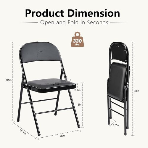 DUMOS Folding Chairs - 2 Pack Leather Padded Portable Stackable Seats for Home & Office - Black