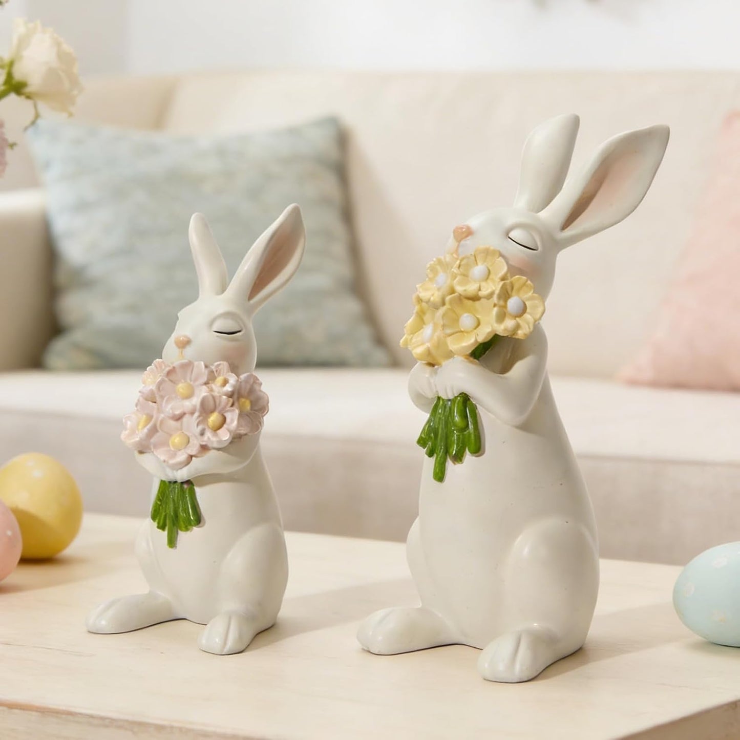 WDS Wondrous Bunny Figurines Set - Cream White Bunnies with Pastel Flower Bouquets | Cute Spring Home Decor Statues (Set of 2)