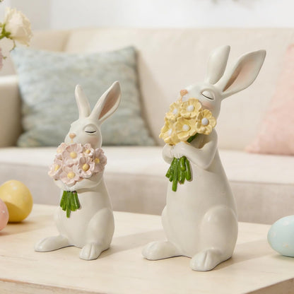 WDS Wondrous Bunny Figurines Set - Cream White Bunnies with Pastel Flower Bouquets | Cute Spring Home Decor Statues (Set of 2)