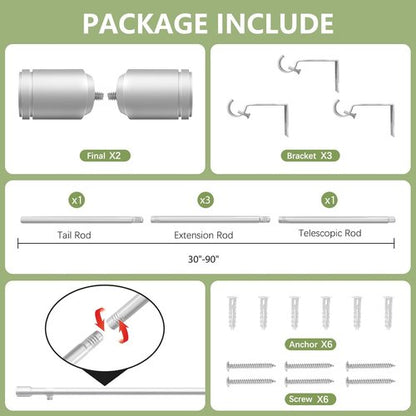 Adjustable Silver Curtain Rods by [Brand Name] - 5/8” Diameter, 30-90 Inch for 30-84 Inch Windows