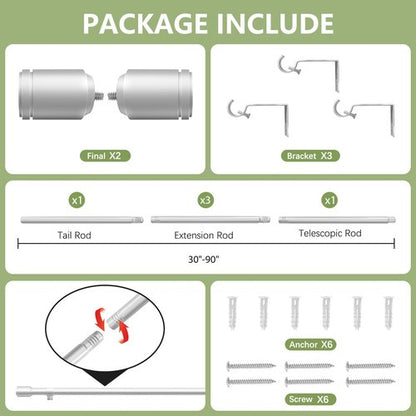 5/8” Diameter Curtain Rods 30-90 Inch, for 30-84 Inch Windows, Adjustable Splicing Silver Curtain Rods for Windows with Brackets, Window Rod Long Small Curtains Rod