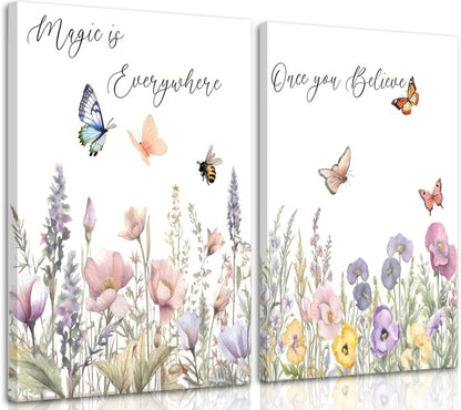 Skiennix Wildflower Nursery Canvas Wall Art - Inspirational Floral Paintings for Baby Room | 2-Piece Set