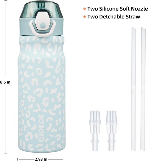 BJPKPK Insulated Water Bottle - 18oz Stainless Steel Thermal Flask with Straw & Carry Handle | Light Blue Leopard