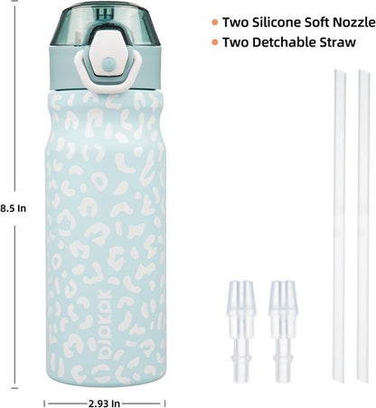 BJPKPK Insulated Water Bottle - 18oz Stainless Steel Thermal Flask with Straw & Carry Handle | Light Blue Leopard