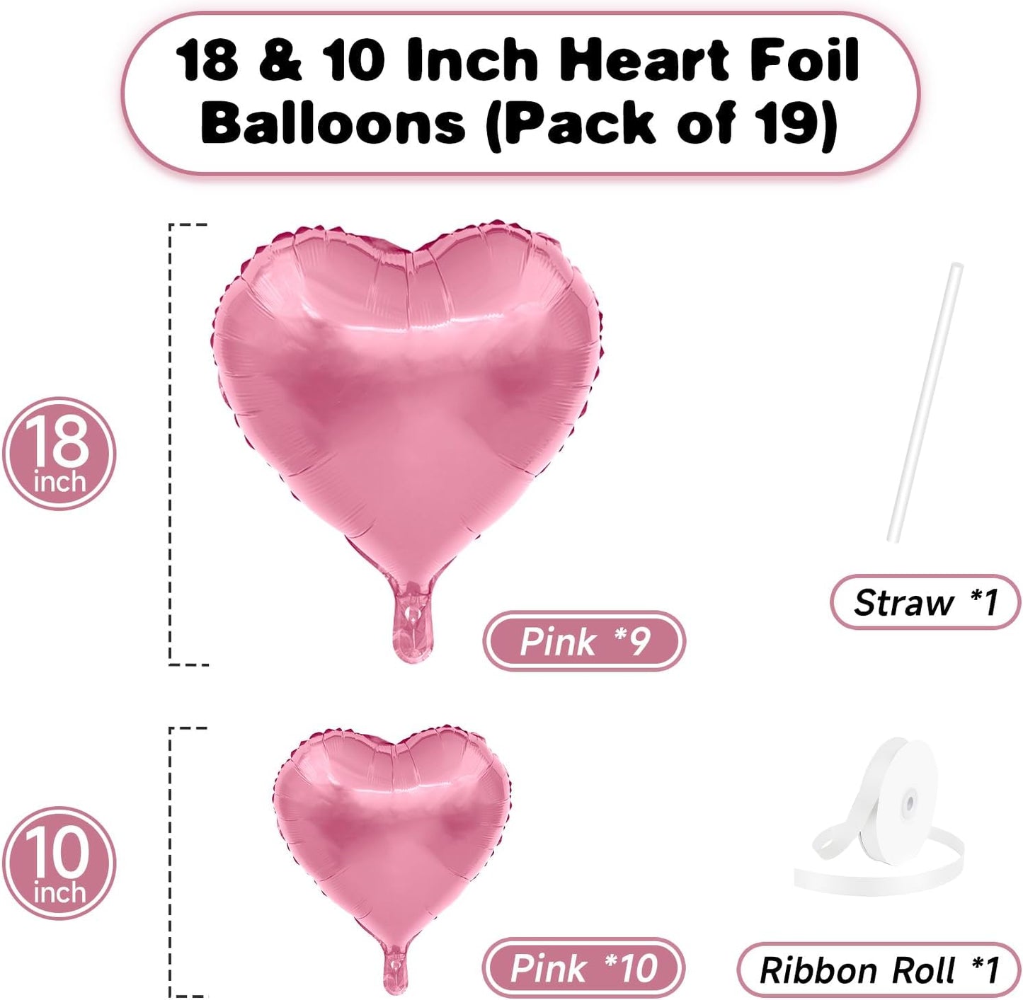 Skiennix Pink Heart Balloons - 19PCS Mylar Heart-Shaped Balloons for Girls' Birthday & Wedding Decor | 18" & 10" Sizes