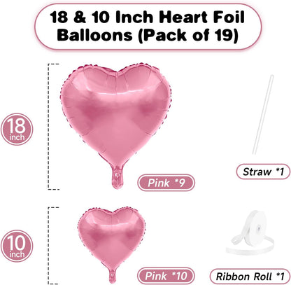 Skiennix Pink Heart Balloons - 19PCS Mylar Heart-Shaped Balloons for Girls' Birthday & Wedding Decor | 18" & 10" Sizes