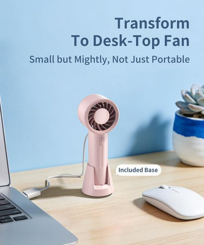KinYiLO Mini Portable Fan, 3 Speed Handheld Fan with Desktop Base, Rechargeable Battery Powered Lightweight & Small Powerful, Personal Cooling Fan Summer Gift for Travel, Makeup, Outdoor, Pink