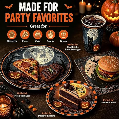 Halloween Party Supplies Set for 24 Guests - Plates, Napkins, Cups & Tablecloth