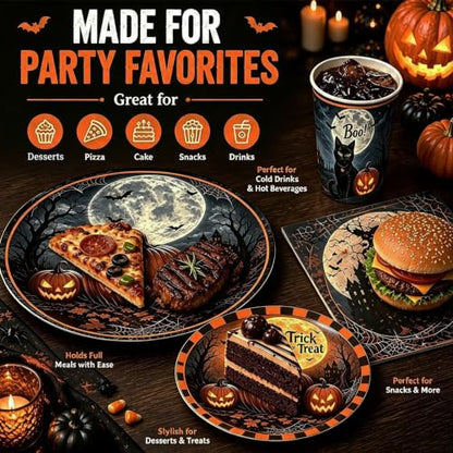 Halloween Party Supplies Set for 24 Guests - Plates, Napkins, Cups & Tablecloth