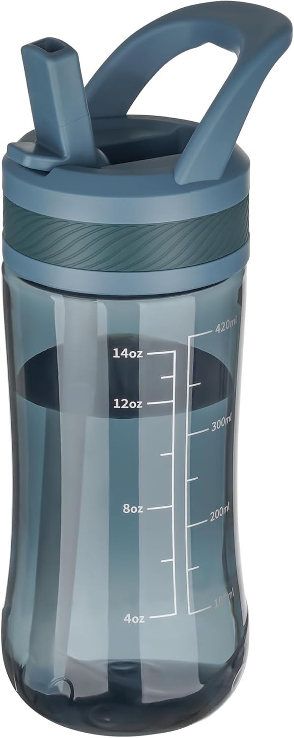 Skiennix Kids Clear Water Bottle - 14oz Leakproof Tritan Design with Flip Straw & Carry Handle - Dark Blue
