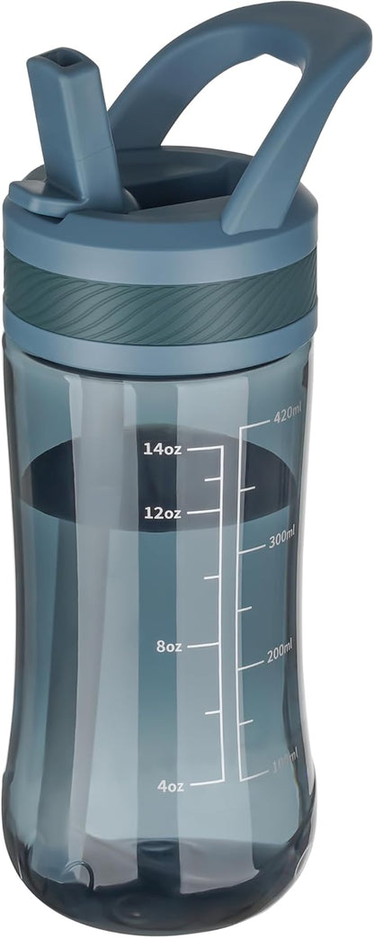 Skiennix Kids Clear Water Bottle - 14oz Leakproof Tritan Design with Flip Straw & Carry Handle - Dark Blue
