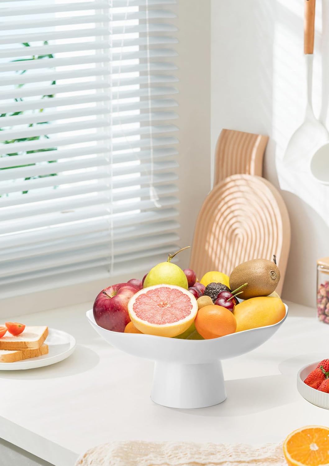 Nucookery Ceramic Fruit Bowl - Modern 10-Inch Decorative Kitchen Counter Stand | Matte White Design