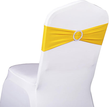 Skiennix Spandex Yellow Chair Sashes - Pack of 50 with Buckles for Weddings & Events
