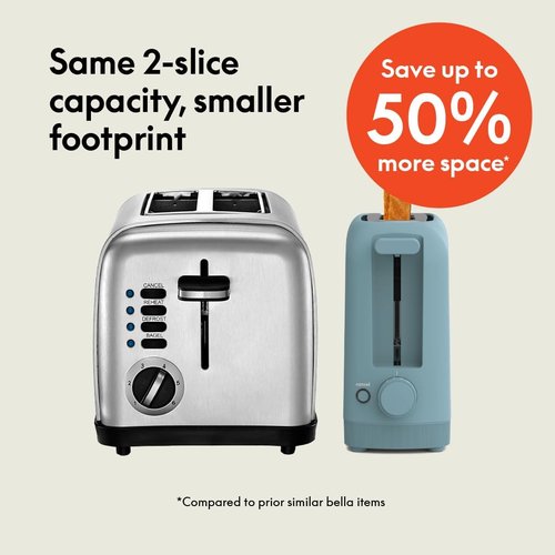 Bella 2 Slice Slim Toaster - 10” Long Slot with 6 Shade Settings, Reheat & Cancel Functions, Anti-Jam, Surf Color