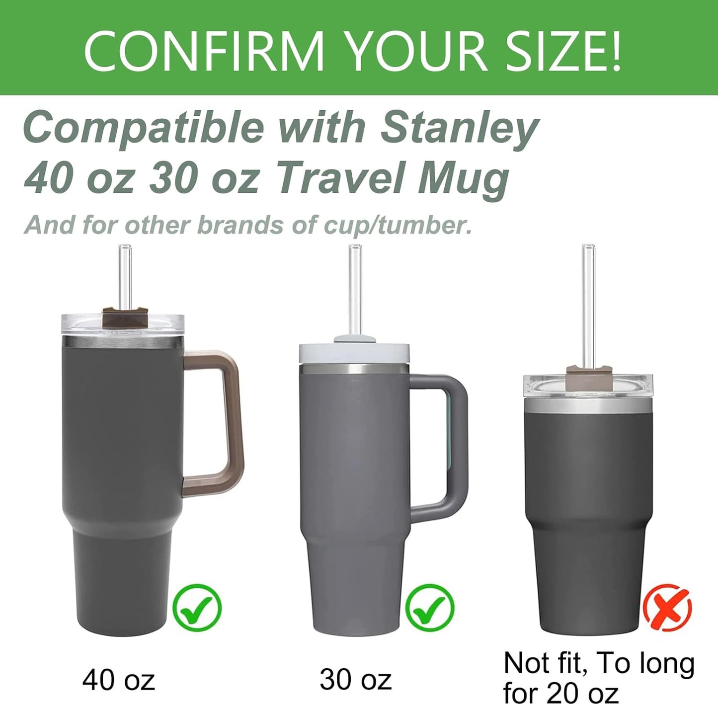 Skiennix Clear Glass Straws - Reusable & Shatterproof for Stanley 40 oz/30 oz Tumblers | 6 Pack with Cleaning Brush