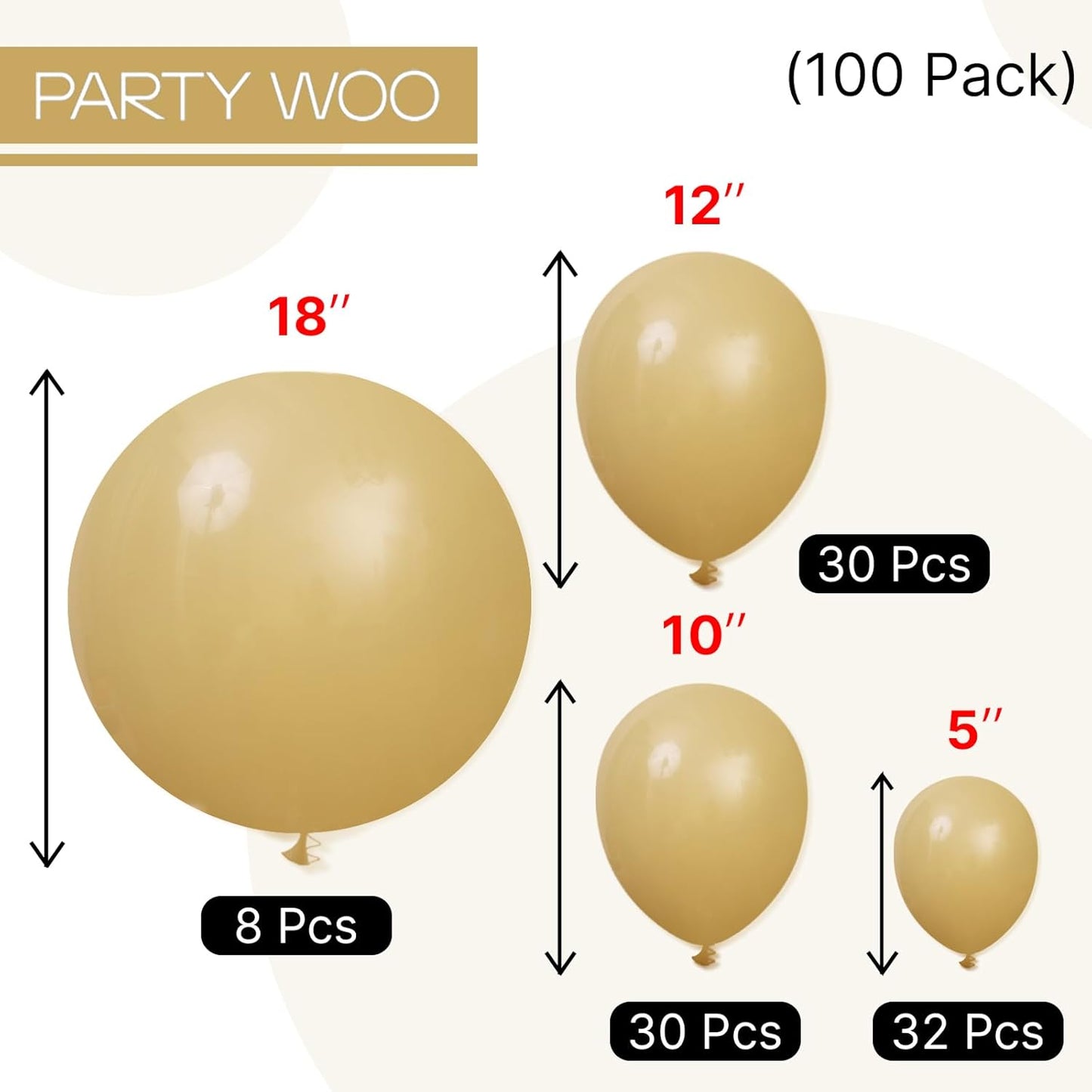 PartyWoo Tan Balloons - 100 Pcs Light Brown Neutral Boho Arch Kit | 5-18 Inch Sizes for Weddings & Parties