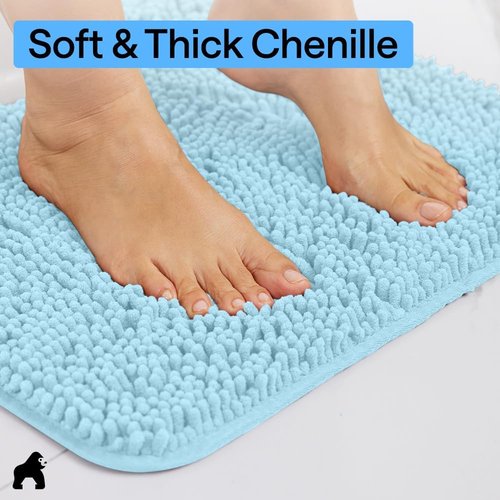 Gorilla Grip Plush Chenille Bath Rug Mat - Soft Microfiber for Oval Toilet Base, Machine Washable, Sky Color
