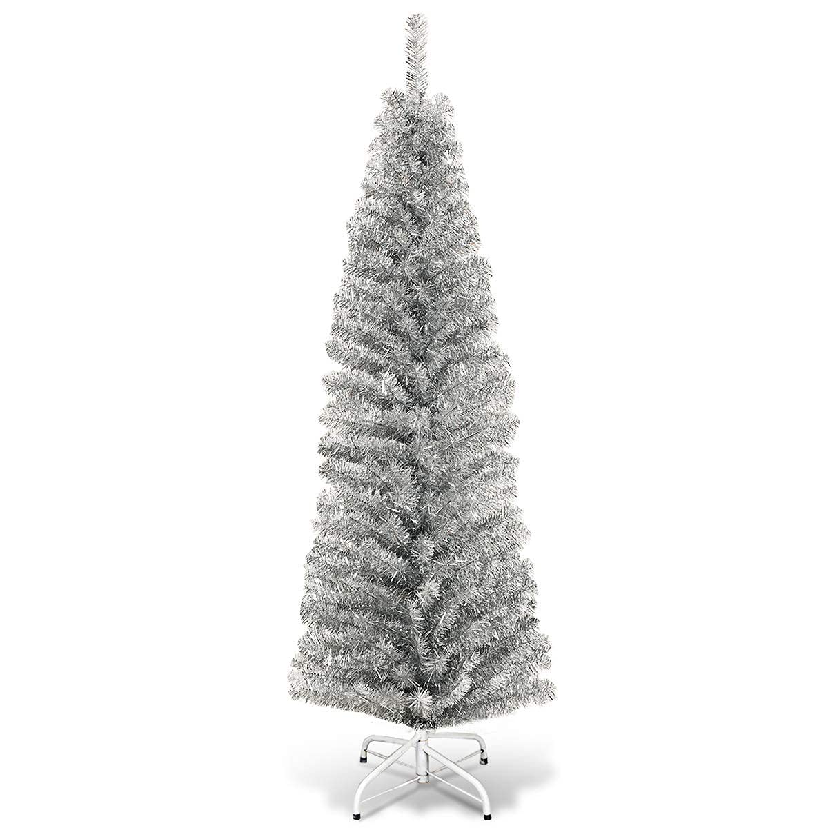 Artificial Pencil Christmas Tree, Electroplated Premium Slim Tree, Xmas Decor for Indoor and Outdoor, Suitable for Office, Store and Home (Silver, 6FT)