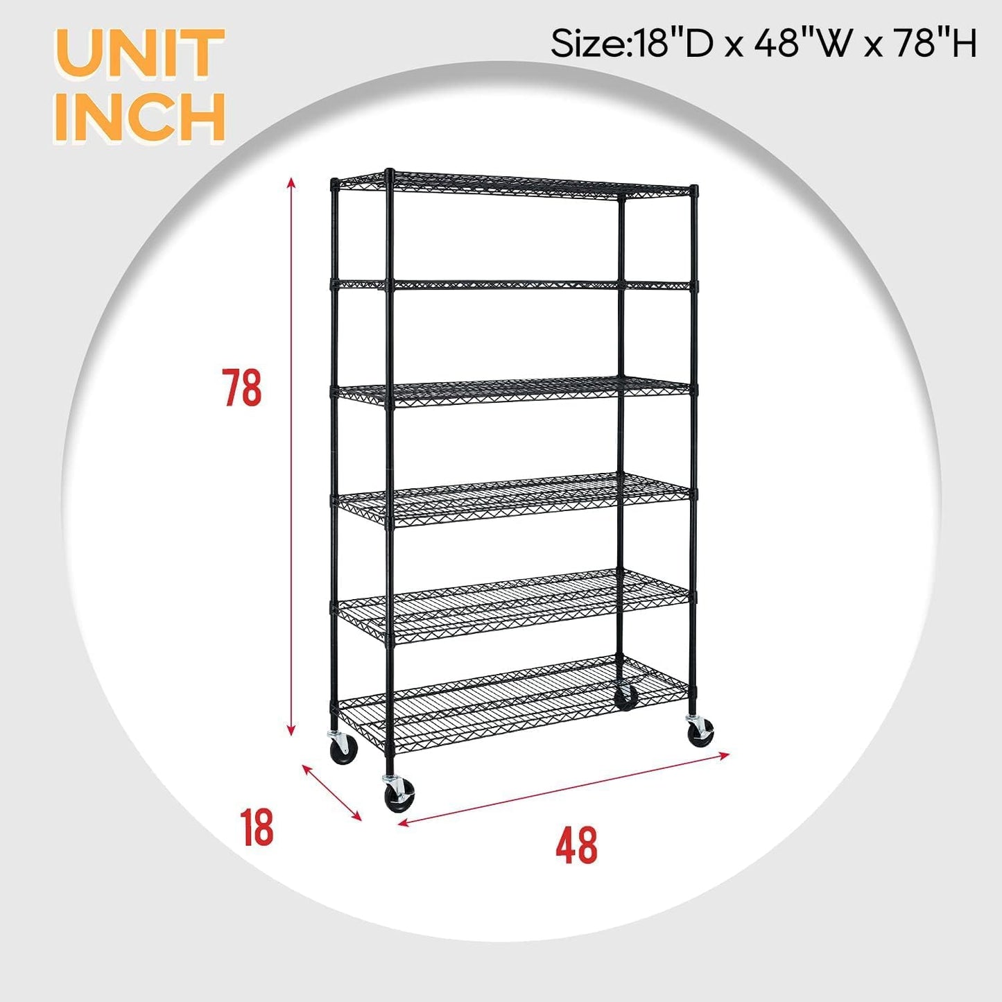 BestOffice 6-Tier Wire Storage Shelves with Wheels - Heavy-Duty Metal, Adjustable, 18x48x78, Black | Easy No-Tool Assembly, Holds Up to 600 lbs
