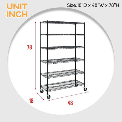 BestOffice 6-Tier Wire Storage Shelves with Wheels - Heavy-Duty Metal, Adjustable, 18x48x78, Black | Easy No-Tool Assembly, Holds Up to 600 lbs