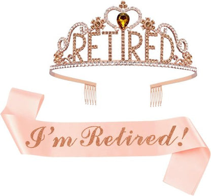 JETKONG Retirement Party Decorations Retired Tiara/Crown, Retired Sash for Women Retirement Gifts, Retirement Party Supplies, Gifts, Favors (Rose Gold)