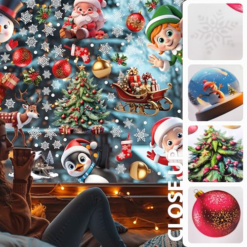 Christmas Window Clings Set - Peeking Santa & Snowflakes Reusable Peel & Stick Decorations, 149 Pcs