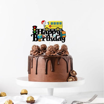 School Bus Happy Birthday Cake Topper,First Day of School Sign,Back to School Cake Decor, Kid Yellow Bus Theme Birthday Party Decorations