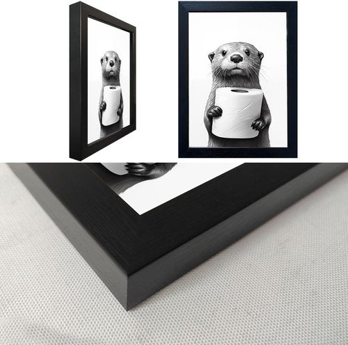 Funny Bathroom Wall Art by [Brand Name] - Raccoon Holding Toilet Paper | Framed Black and White Decor