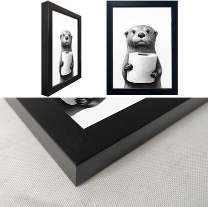 Funny Bathroom Wall Art by [Brand Name] - Raccoon Holding Toilet Paper | Framed Black and White Decor