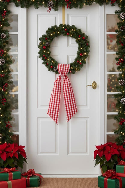 Red White Plaid Wreath - Sash Front Door Decoration for Christmas & Valentine’s Day | Farmhouse Home Decor