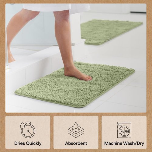 GORILLA GRIP Bath Rug Mat - Soft Absorbent Chenille | Quick Dry Microfiber, 44x26, Sage Green