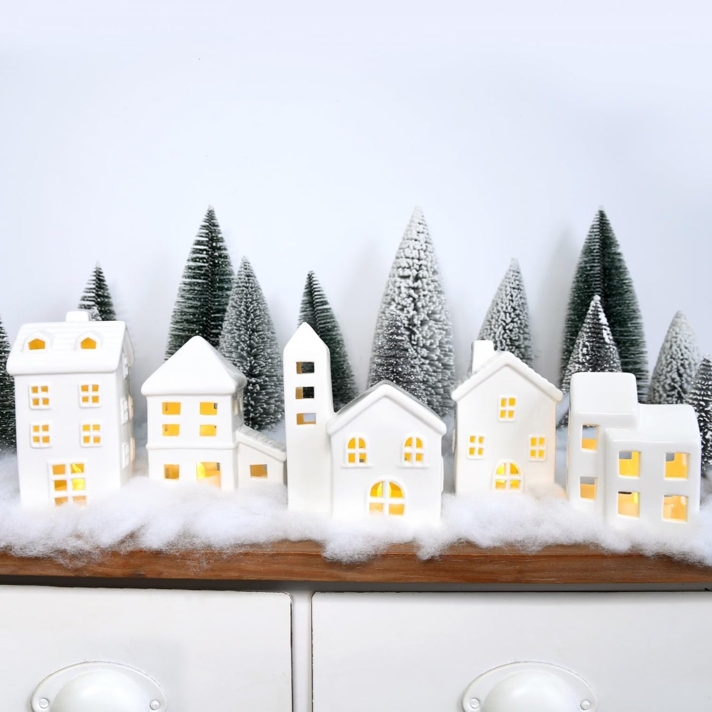 Regine Switzerland Ceramic Christmas Village Houses Set - 5 White Houses, 9 Trees & Fake Snow for Festive Indoor Decor
